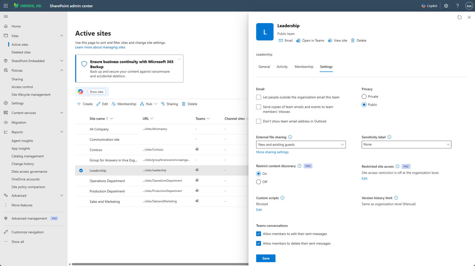 Restricted Content Discovery settings in SharePoint admin center