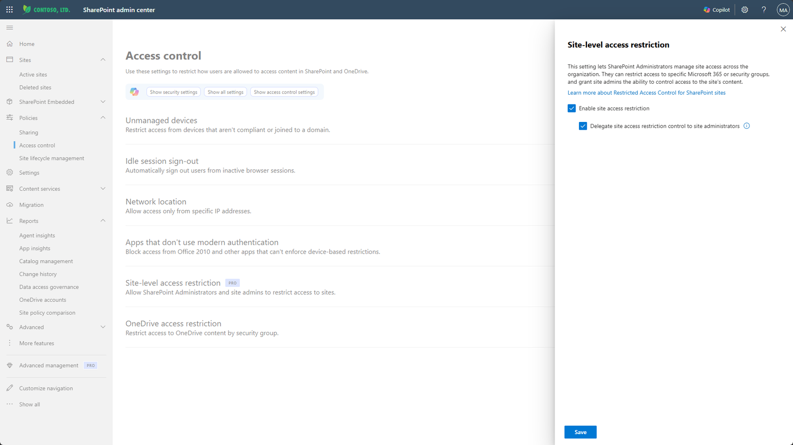 Site access restriction settings in SharePoint admin center