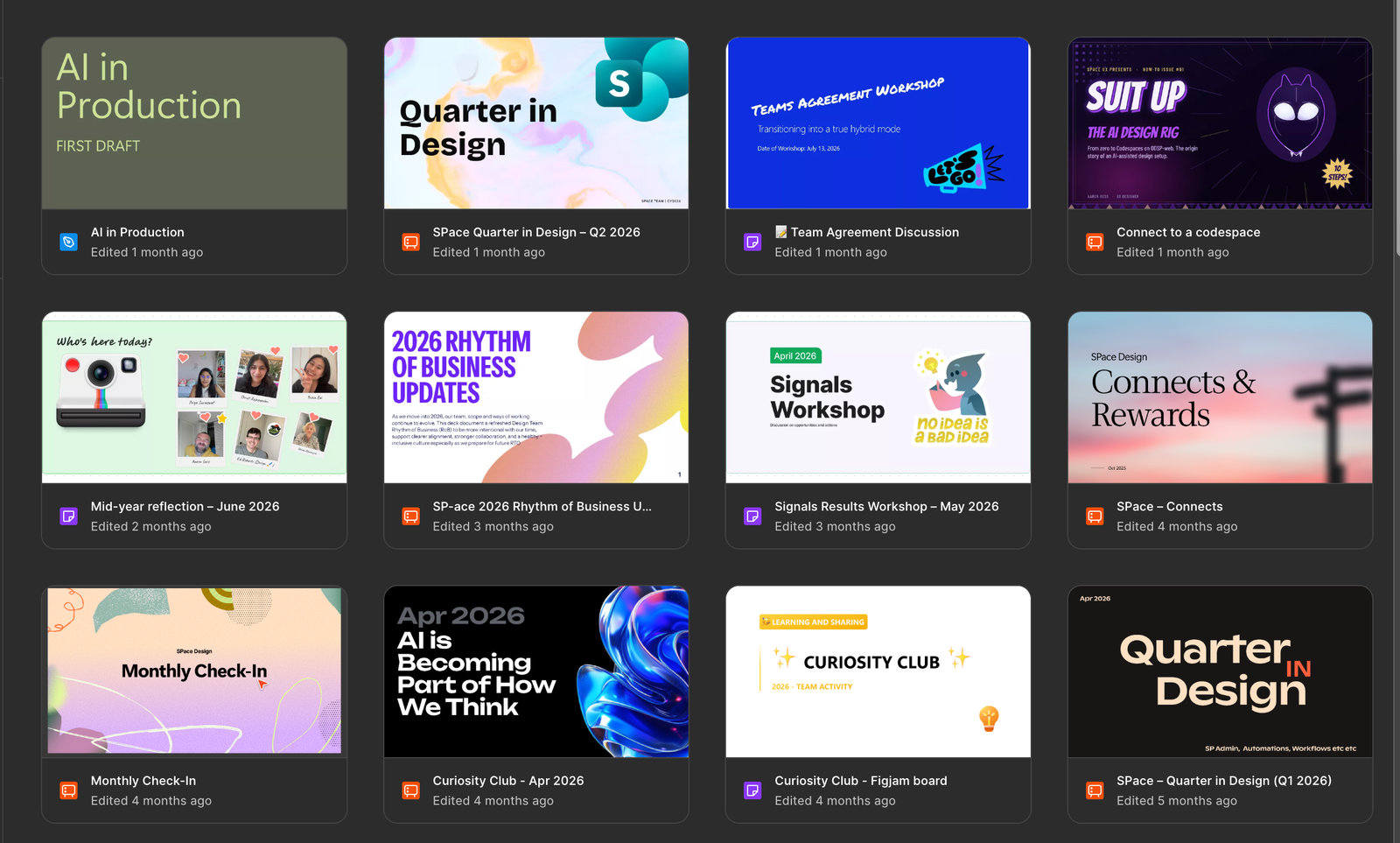 Collection of team operating artifacts including AI in Production, Quarter in Design, ROB updates, workshops, and check-ins