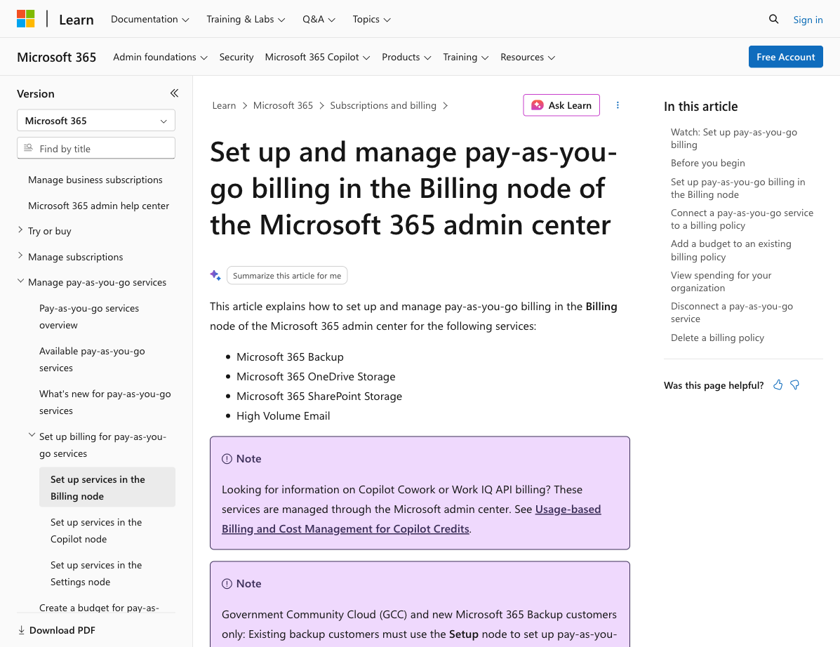 Microsoft Learn guidance for configuring Pay-As-You-Go billing