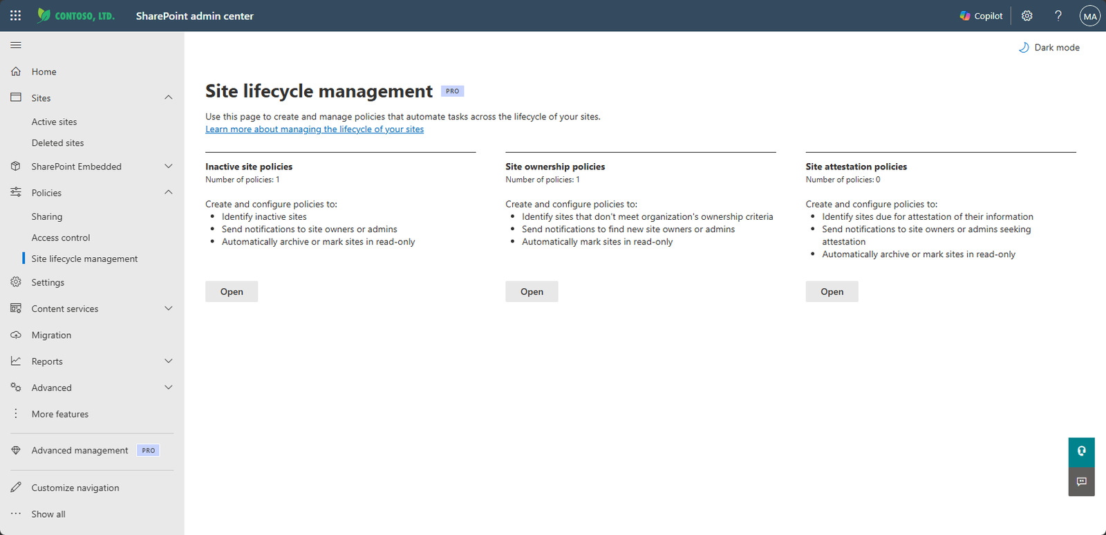Site lifecycle management policies in SharePoint admin center