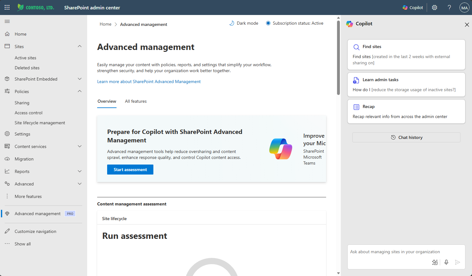 SharePoint admin center Copilot experience