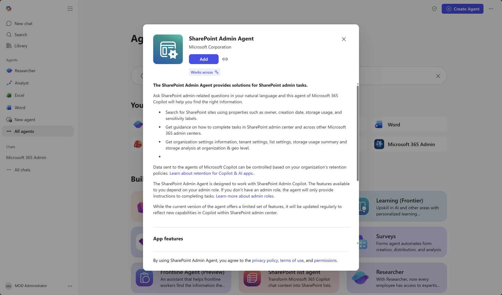 SharePoint Admin Agent Copilot conversation